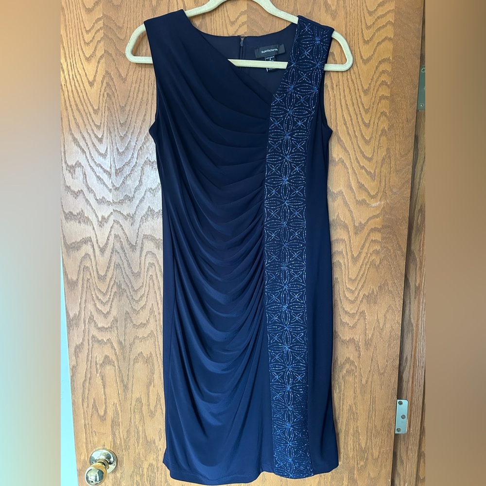 R&M Richards Sleeveless Navy Blue Dress with Draping and Glitter Detail